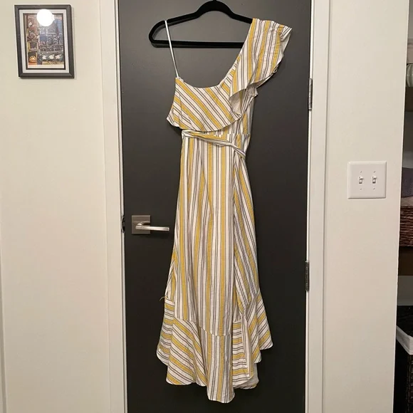 Lulus high tide yellow striped one shoulder midi dress - Picture 6 of 6